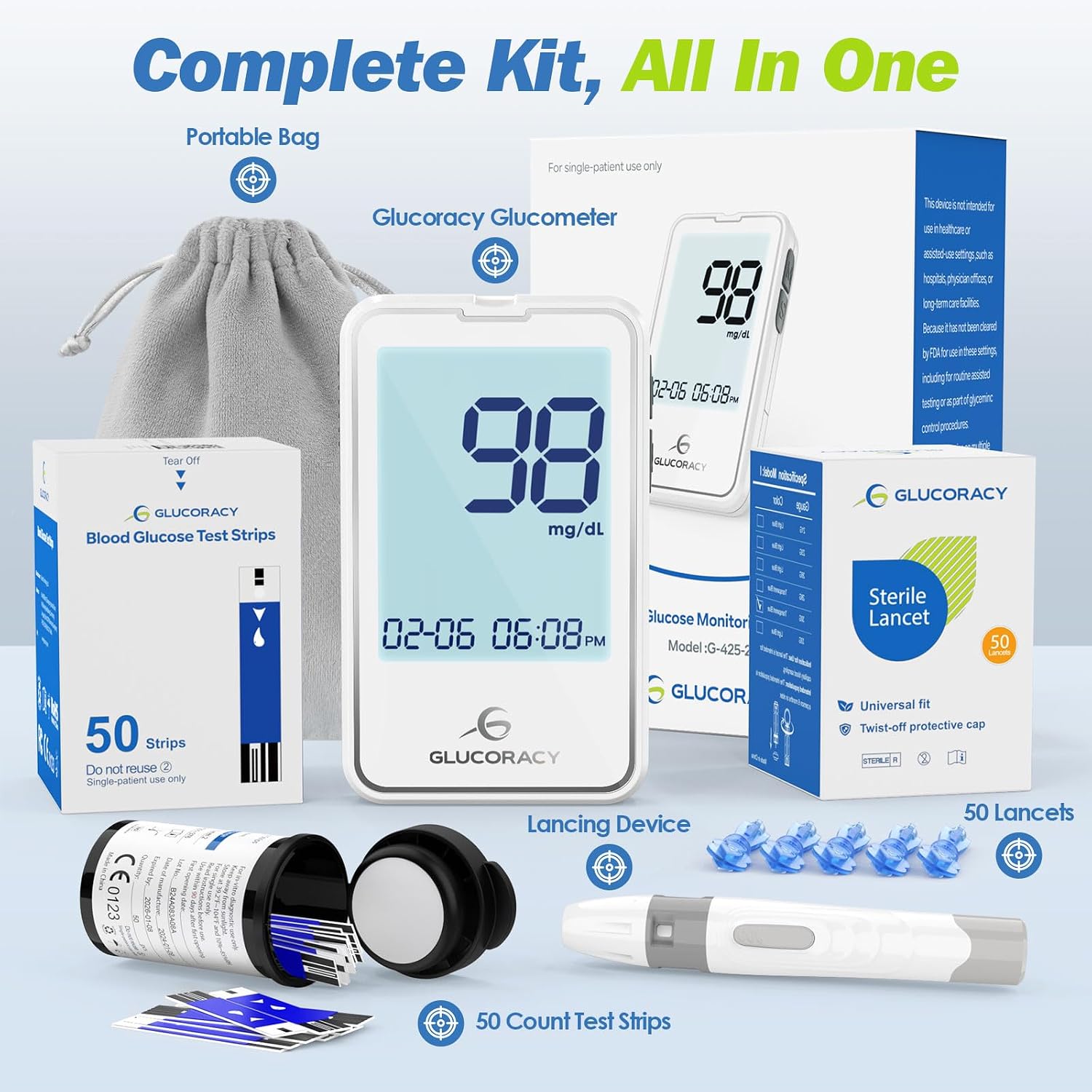Detalle de Glucoracy G-425-2 Blood Glucose Meter Kit with 50 Strips and Lancets