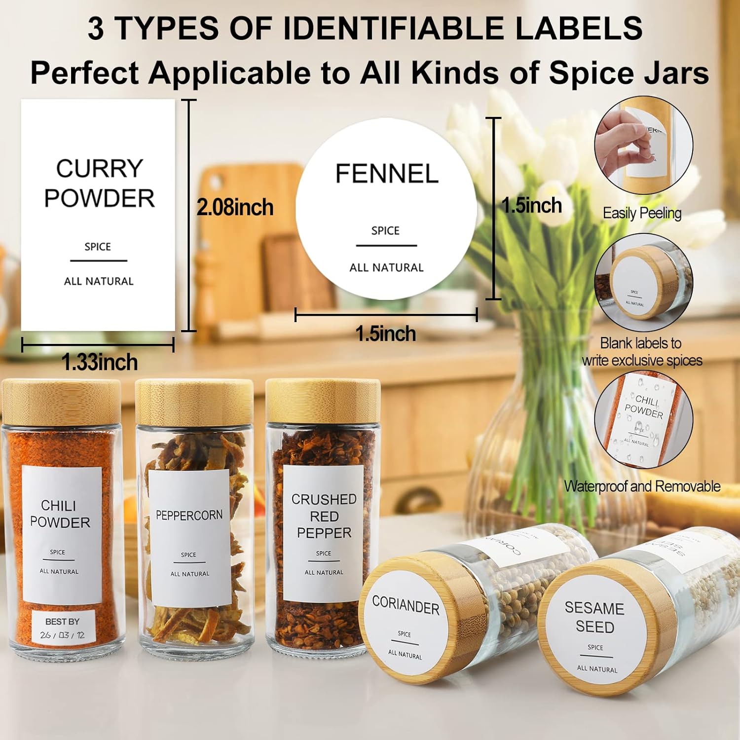 Detalle 2 de AISIPRIN Glass Spice Jars Set (24 x 4oz) with Bamboo Airtight Lids, 398 Labels, Funnel, Brush & Marker