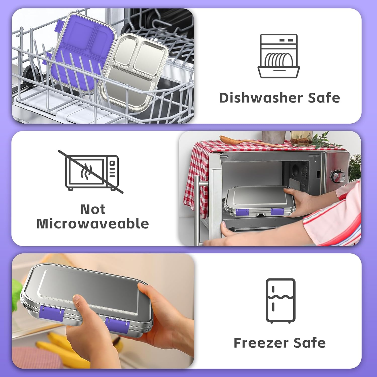 Thumbnail 4 de BOSEDSANG Stainless Steel Kids Leak-Resistant Bento Lunch Box (3 Compartments) - Purple