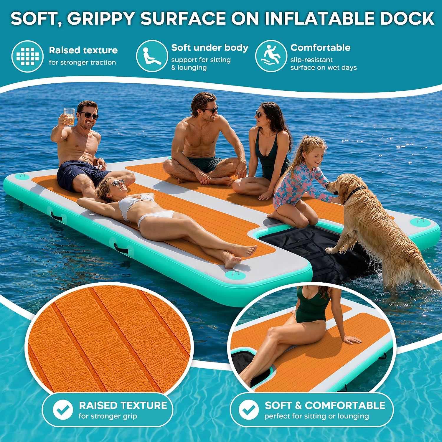 Detalle de AWEMUFA Inflatable Floating Dock with Ramp — 8ft x 6ft Large Floating Platform for Lakes, Pools, and Boats
