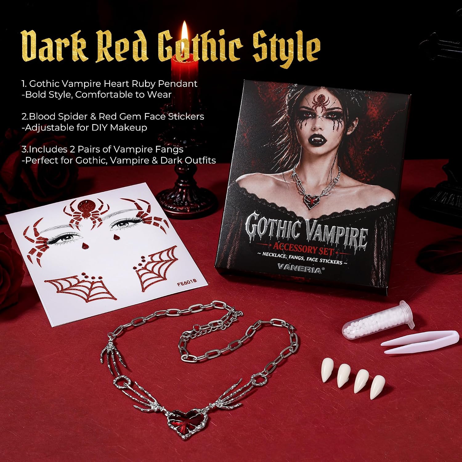 Detalle 1 de VANERIA Ensemble d’accessoires gothiques, collier en dentelle et détails vampire