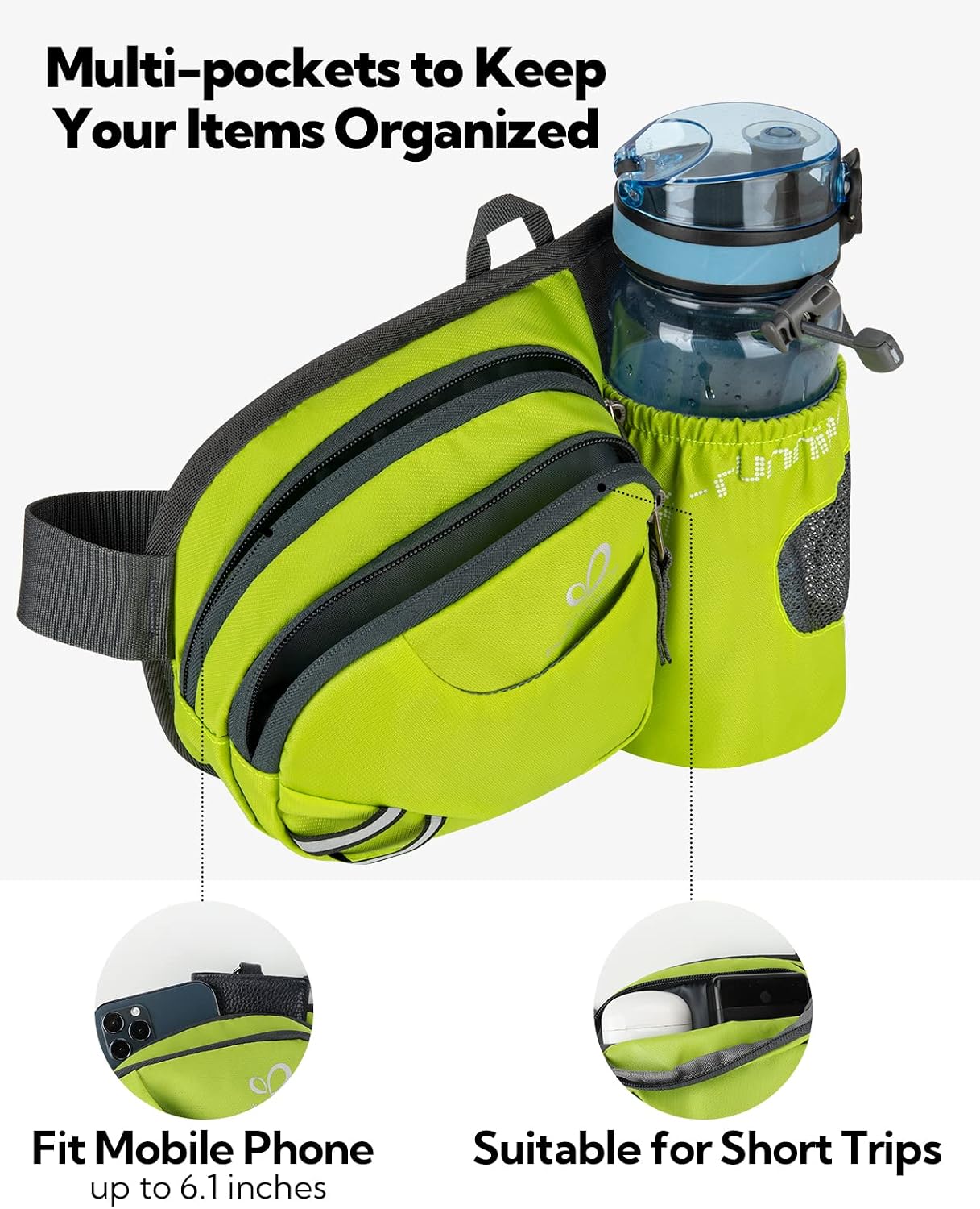 Thumbnail 3 de Waterfly Gürteltasche/Bauchtasche mit Flaschenhalter (hellgrün) – wasserdicht & atmungsaktiv für Sport und Outdoor