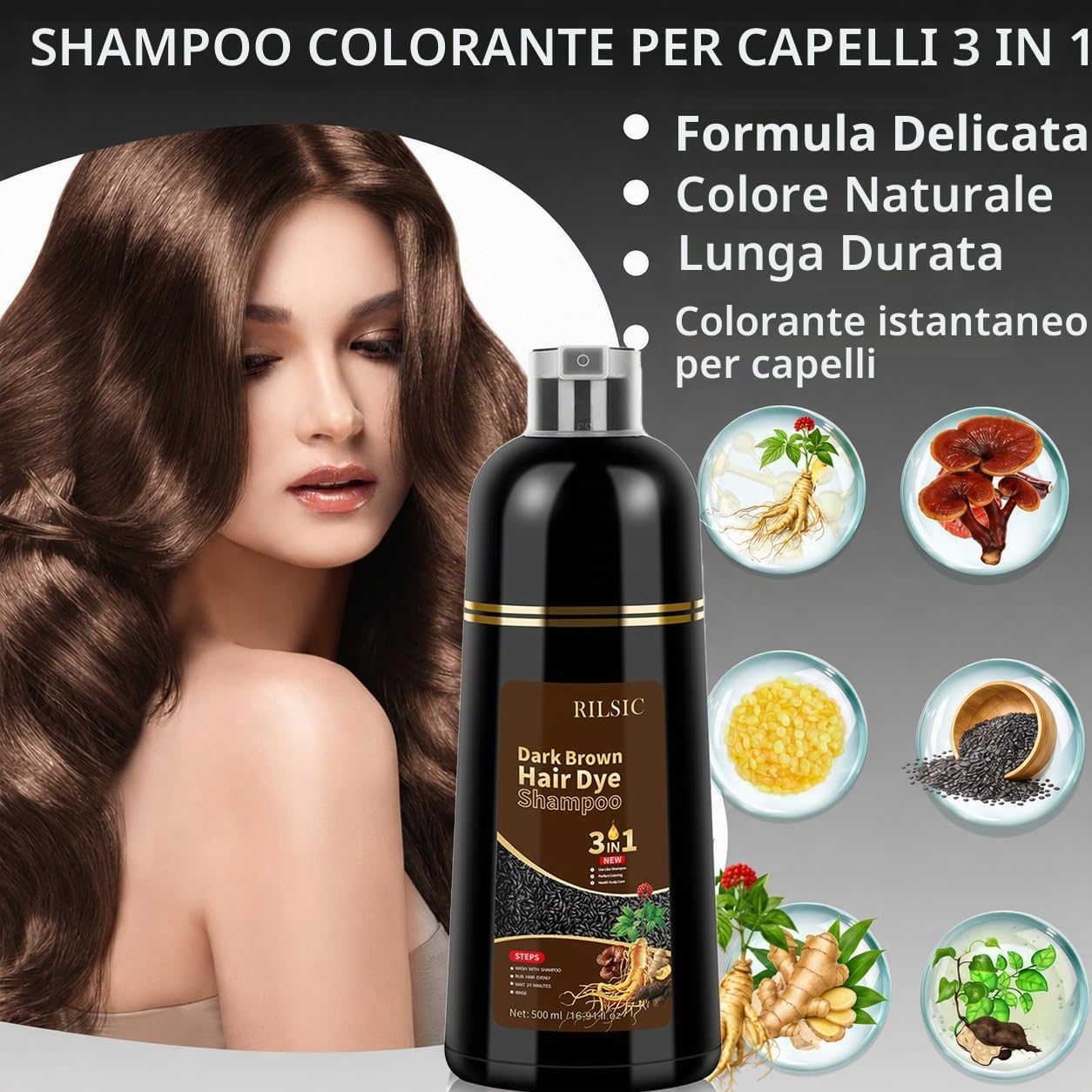 Detalle de Shampoo Colorante Marrone Scuro 500ML per Capelli Bianchi – 3 in 1, effetto naturale e lucentezza