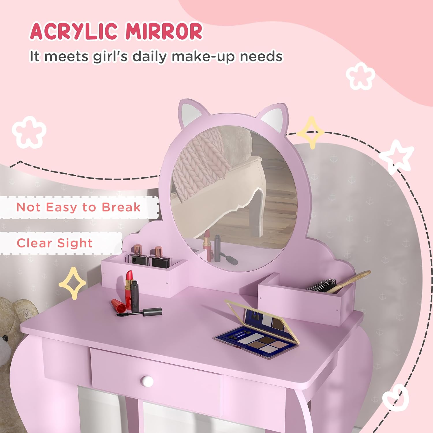 Thumbnail 4 de ZONEKIZ Kids Dressing Table with Mirror and Stool – Pink (Ages 3–6)