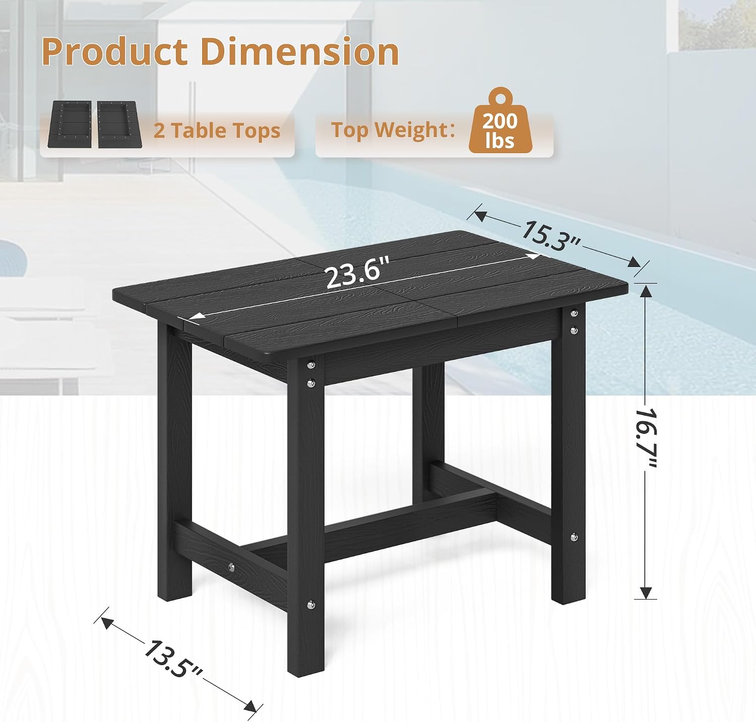 Thumbnail 1 de LUE BONA Outdoor Side Table, Black HDPS, 23.6-Inch Rectangular Top