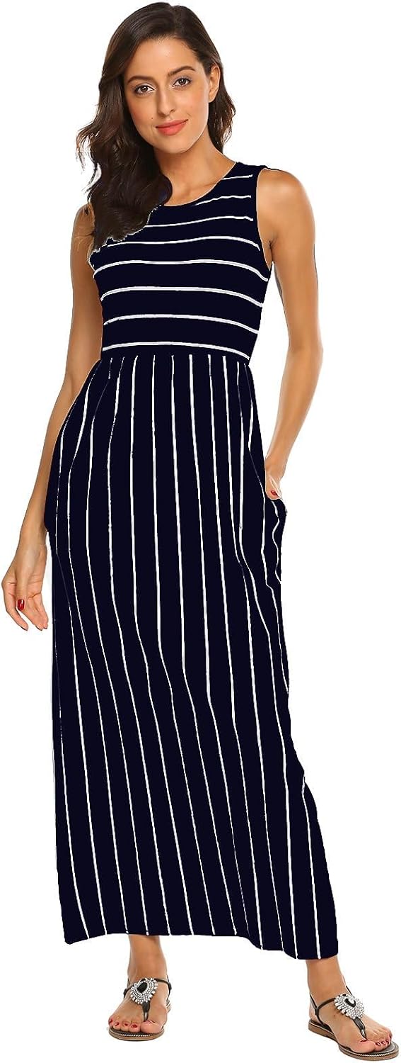 Detalle de BDTECAOR Maxikleid Damen – Sommer Boho, Ärmel-los, Strandlook mit elastischem Bund