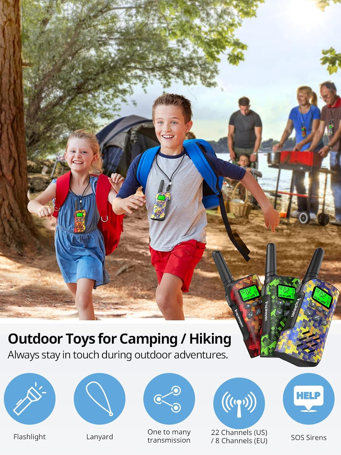 Detalle de Inspireyes Kinder-Walkie-Talkies Aufladbar (3er-Set) – 48 Stunden Einsatz, 22 Kanäle, VOX, mit Taschenlampe & SOS, ideal für Outdoor-Aktivitäten
