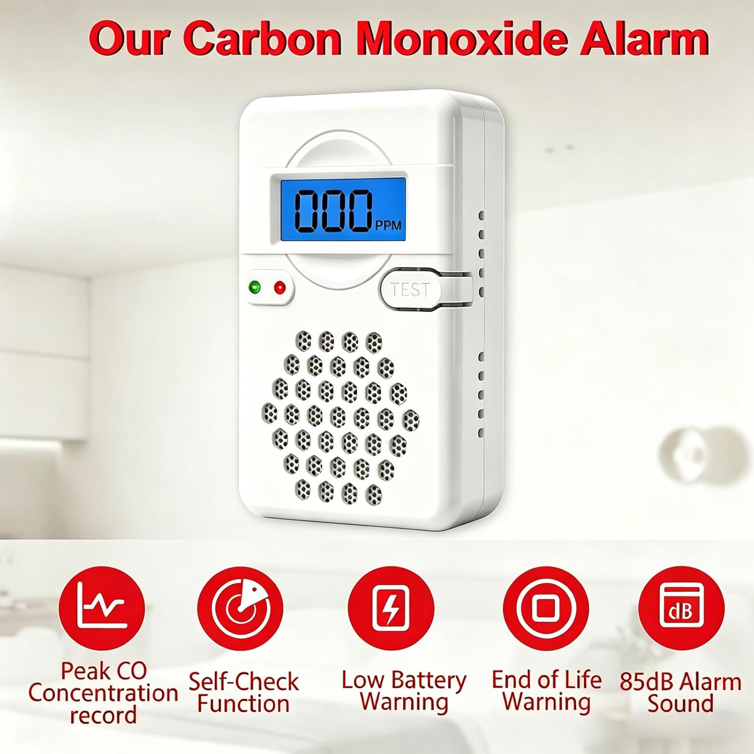 Detalle de Carbon Monoxide Alarm Detectors with Digital Display and Replaceable Battery – 85dB Portable CO Alarm for Home, Garage, Office, or RV