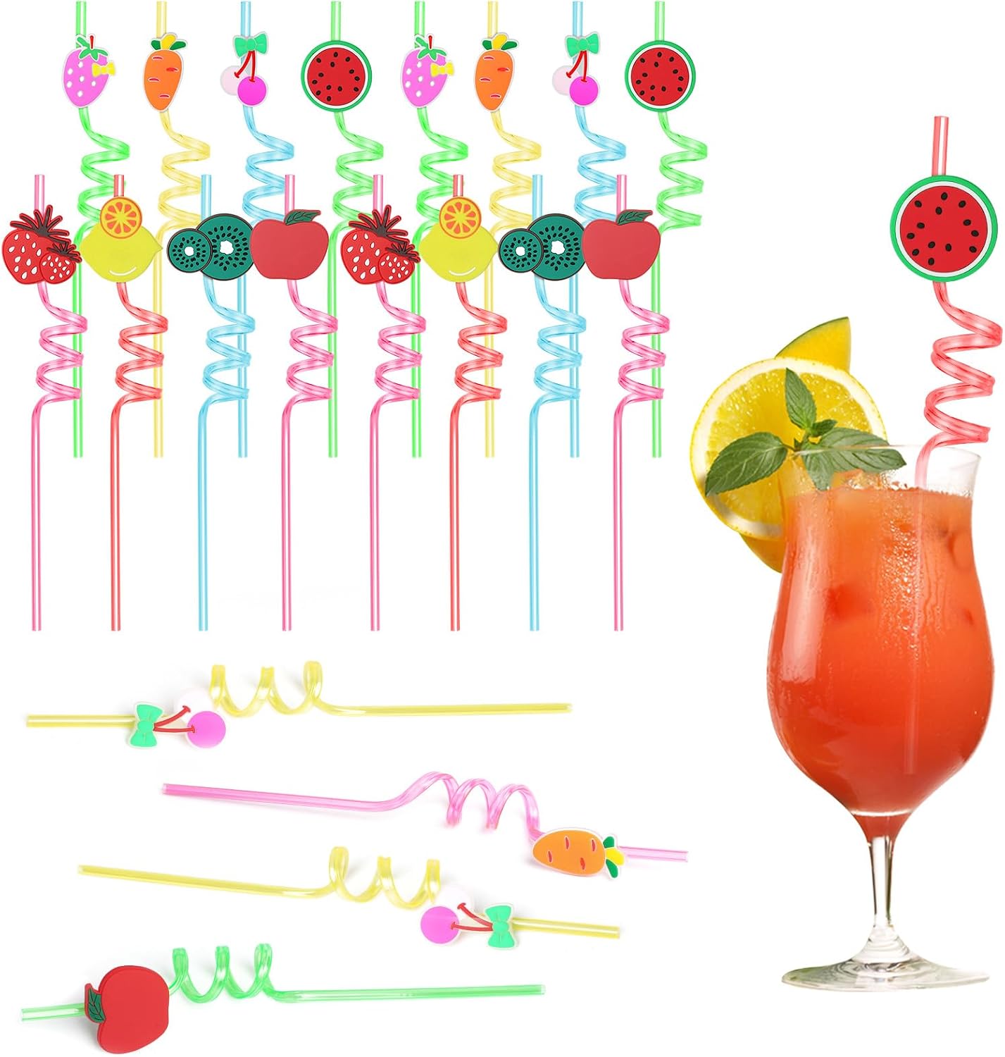 Detalle de AUAUY M1-4118594 återanvändbara plastsugrör med fruktmotiv, 16-pack