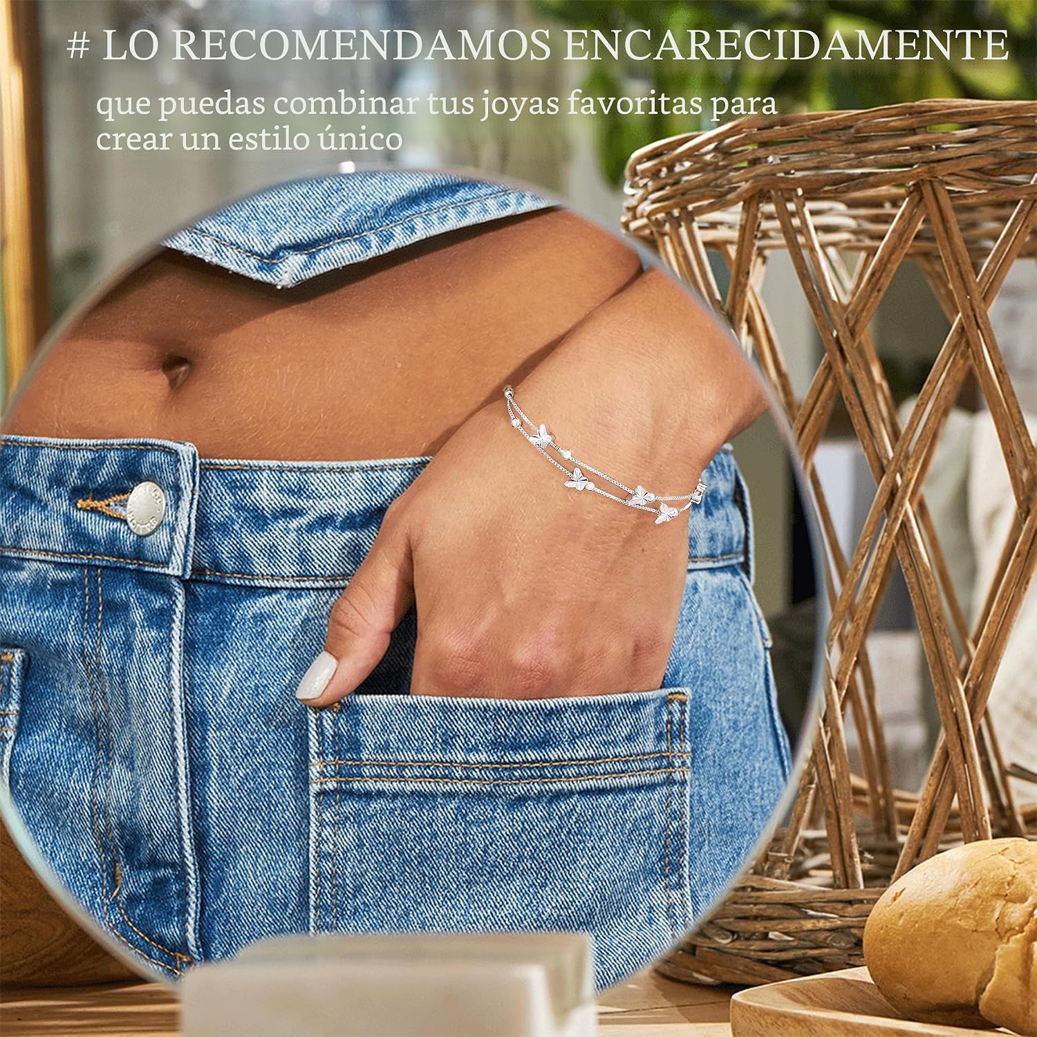 Detalle de XOEMEL Pulsera de plata 925 con mariposas y acabado en oro rosa para mujer