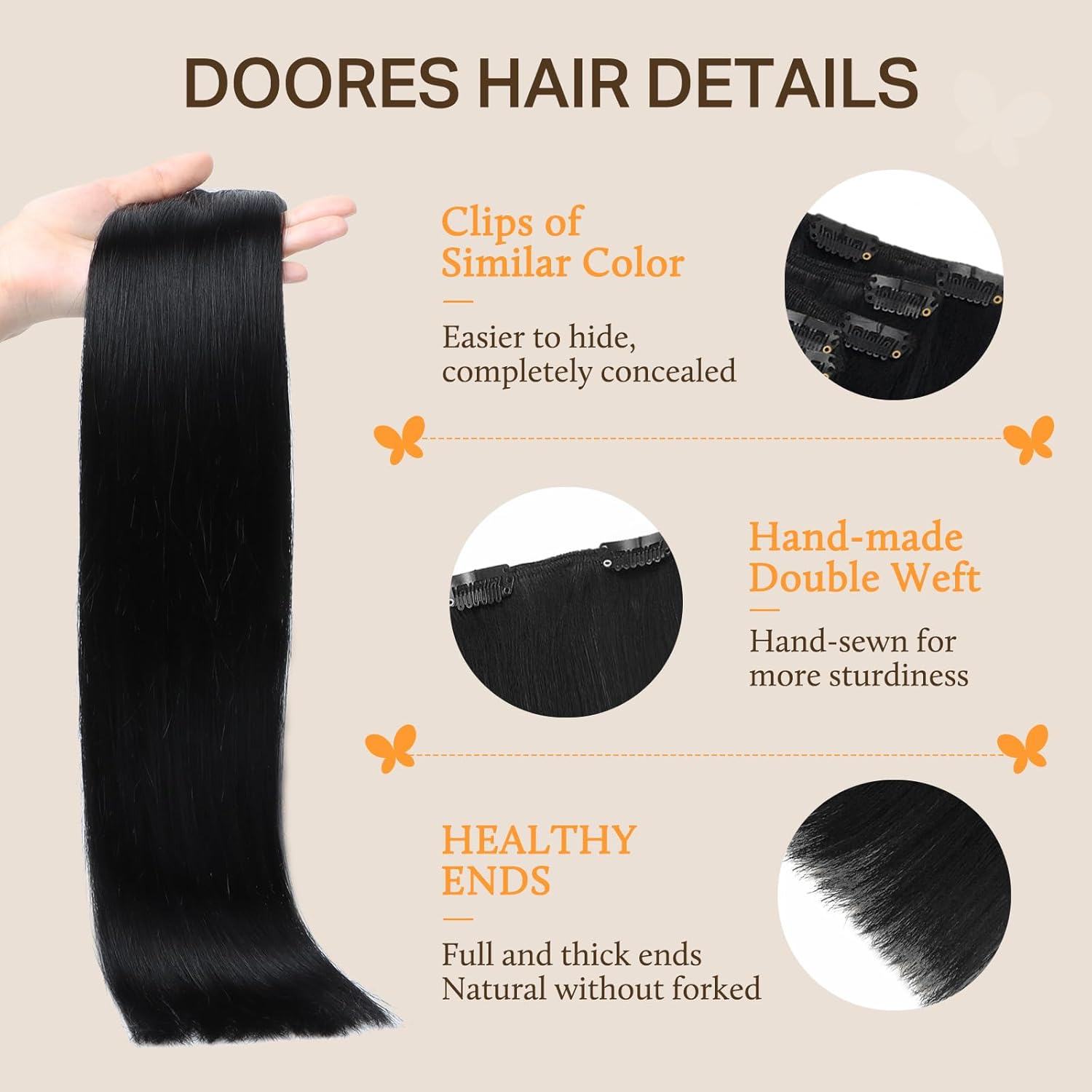 Thumbnail 2 de DOORES Black Clip-in Hair Extensions (Jet Black) 20 Inch, 7 pcs, 120g Human Hair