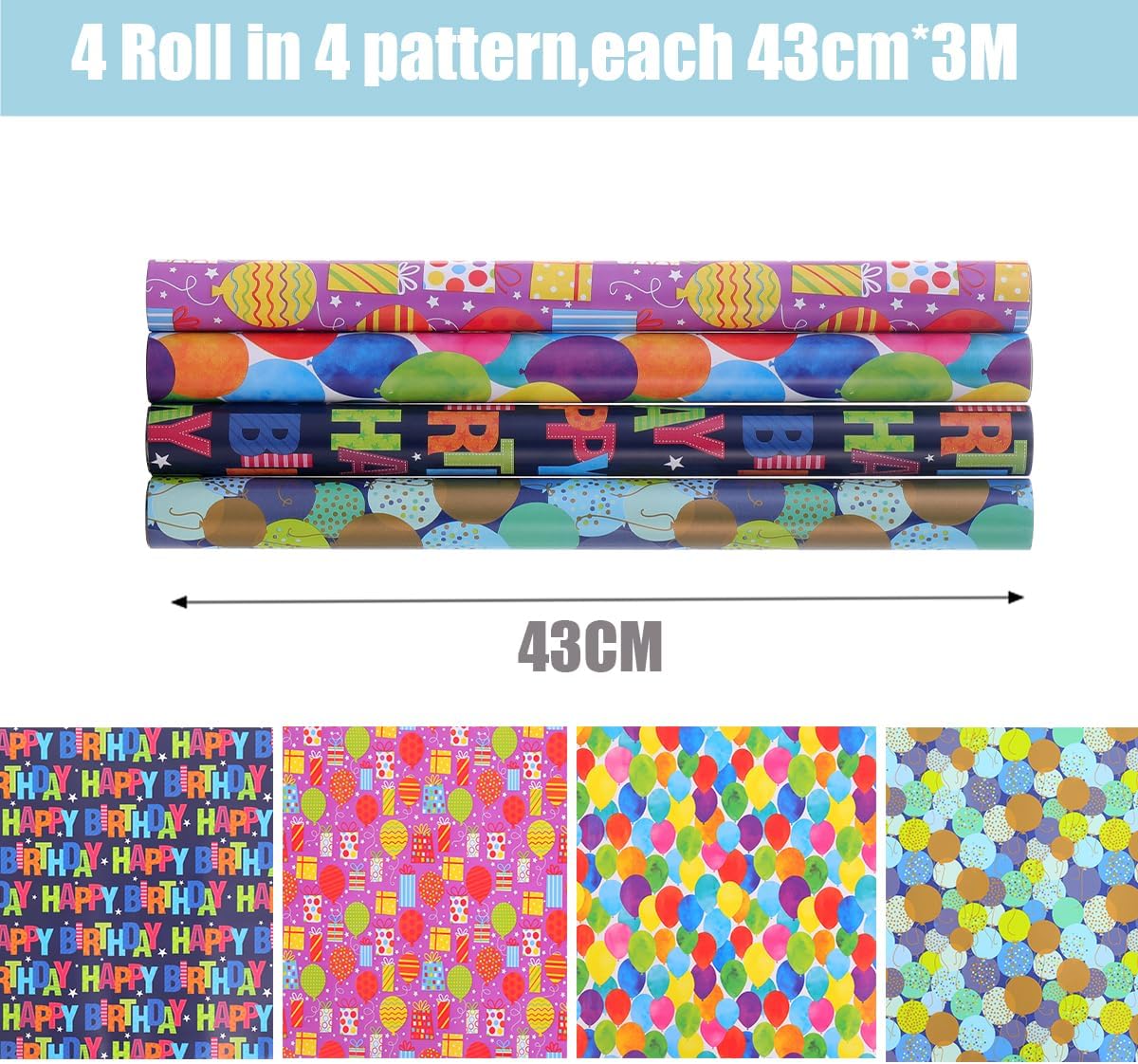 Thumbnail 1 de HBell Birthday Wrapping Paper Rolls – 4 Roll Set, 43cm x 3m each