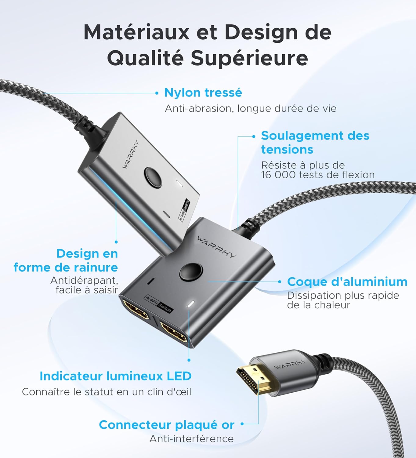 Thumbnail 4 de WARRKY Switch HDMI 4K 60Hz bidirectionnel (2 entrées / 1 sortie) avec câble HDMI tressé fixe 1 m