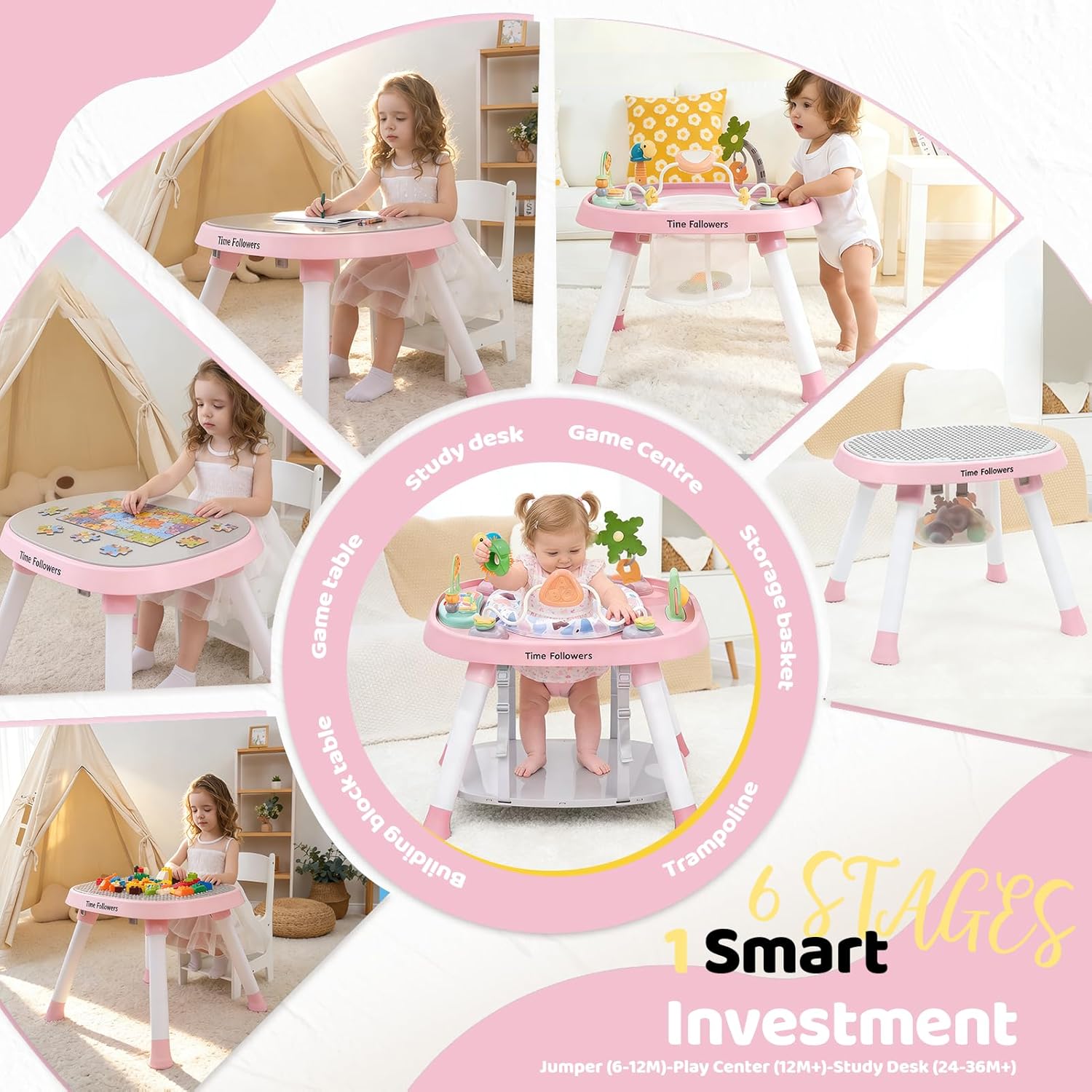 Detalle de Time Followers 6-in-1 Baby Activity Center: 6 Stages of Growth in One Pink Center