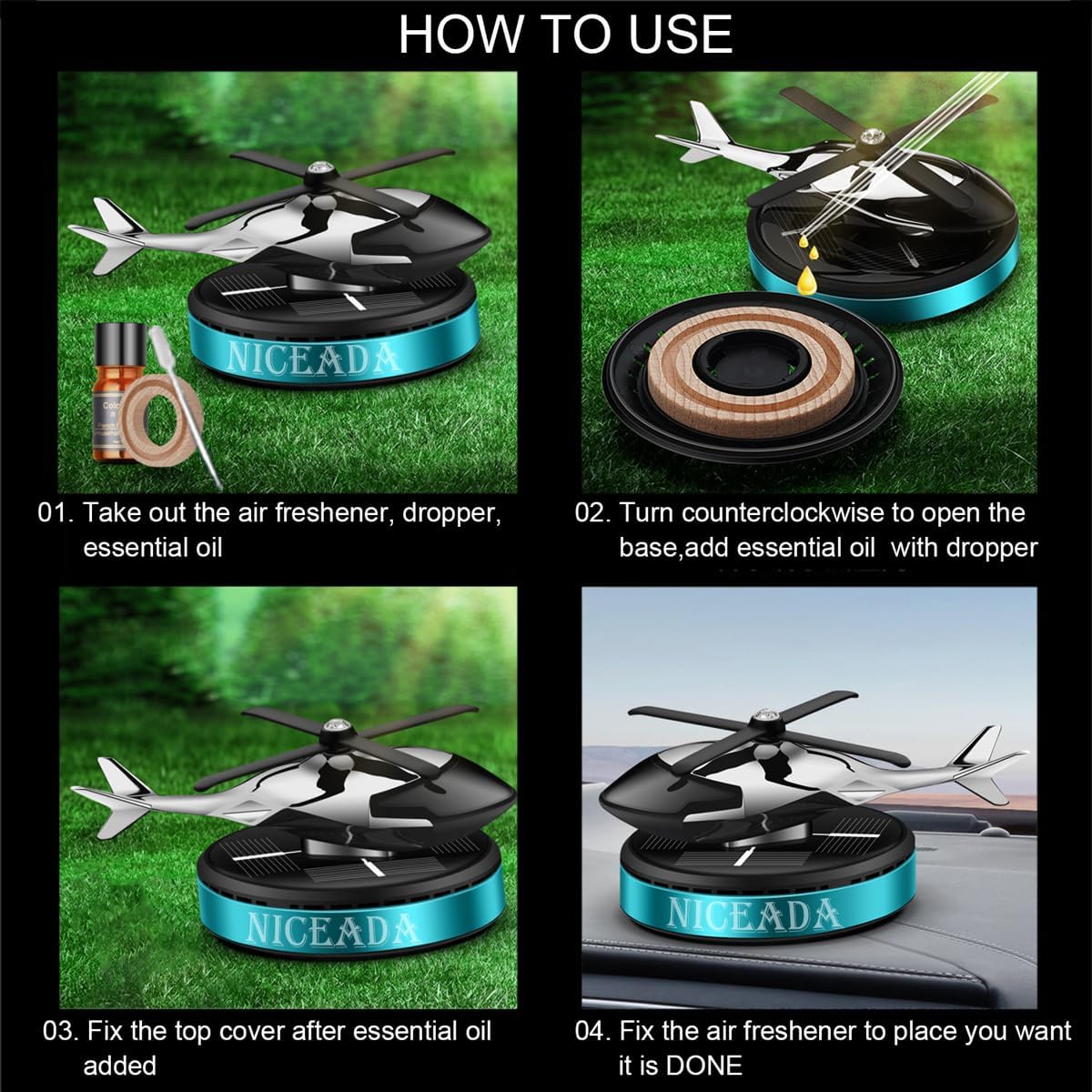 Detalle 2 de NICEADA Solar Powered Rotating Incense Helicopter Diffuser – Blue