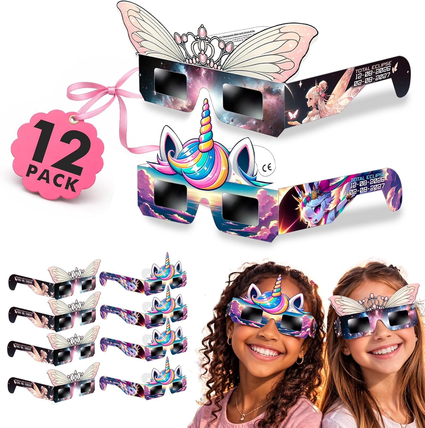 Galaxium Lunettes d'éclipse solaire pour enfants – Lot de 12, licorne et princesse, ISO 12312-2 & CE