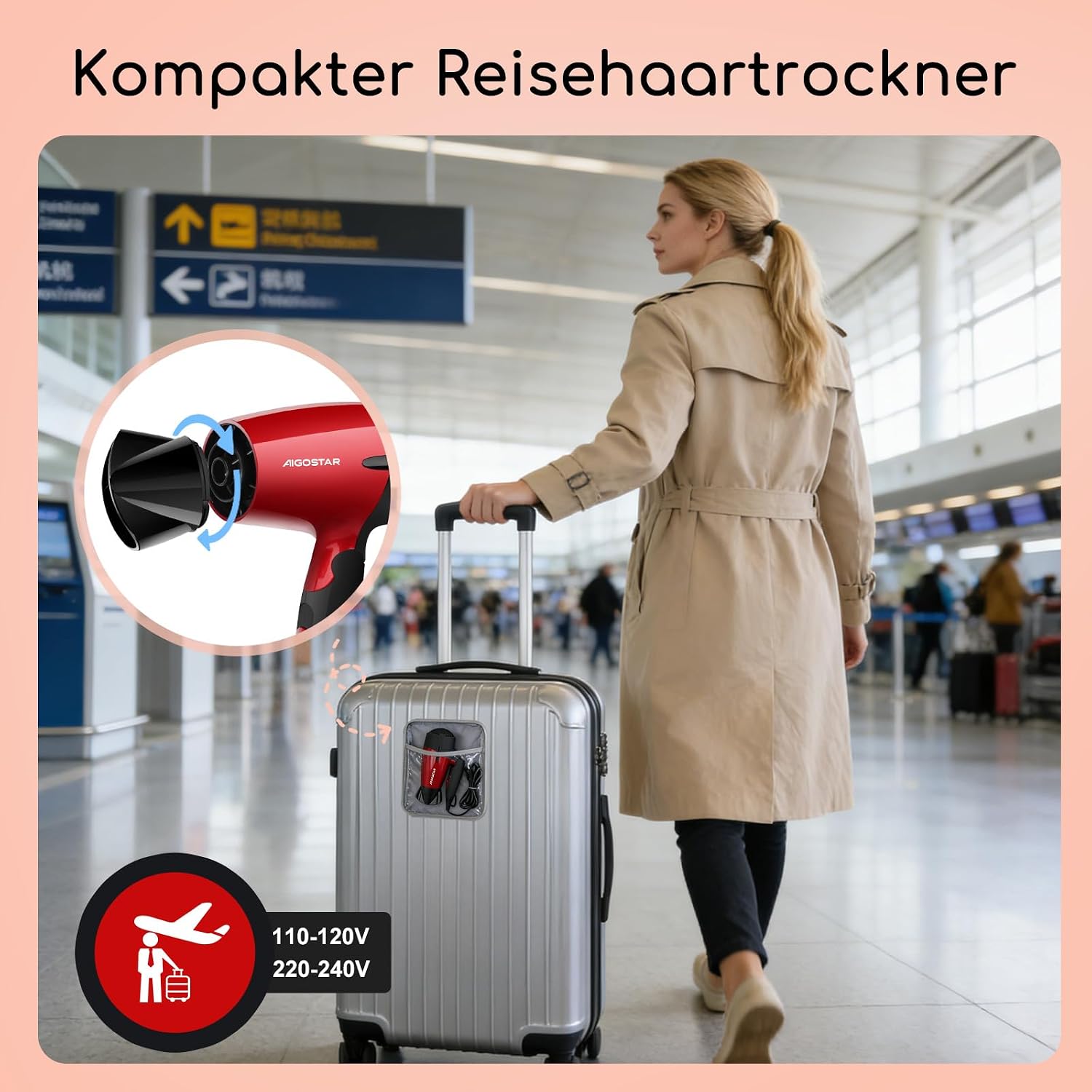 Thumbnail 3 de Aigostar Reisefön Klappbar 1500W Rot