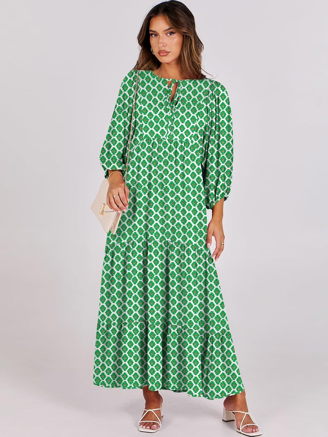 Detalle de ANRABESS Womens Boho Maxi Dress 2026 Summer V Neck Puff Sleeve Floral Flowy Swing Long Dress
