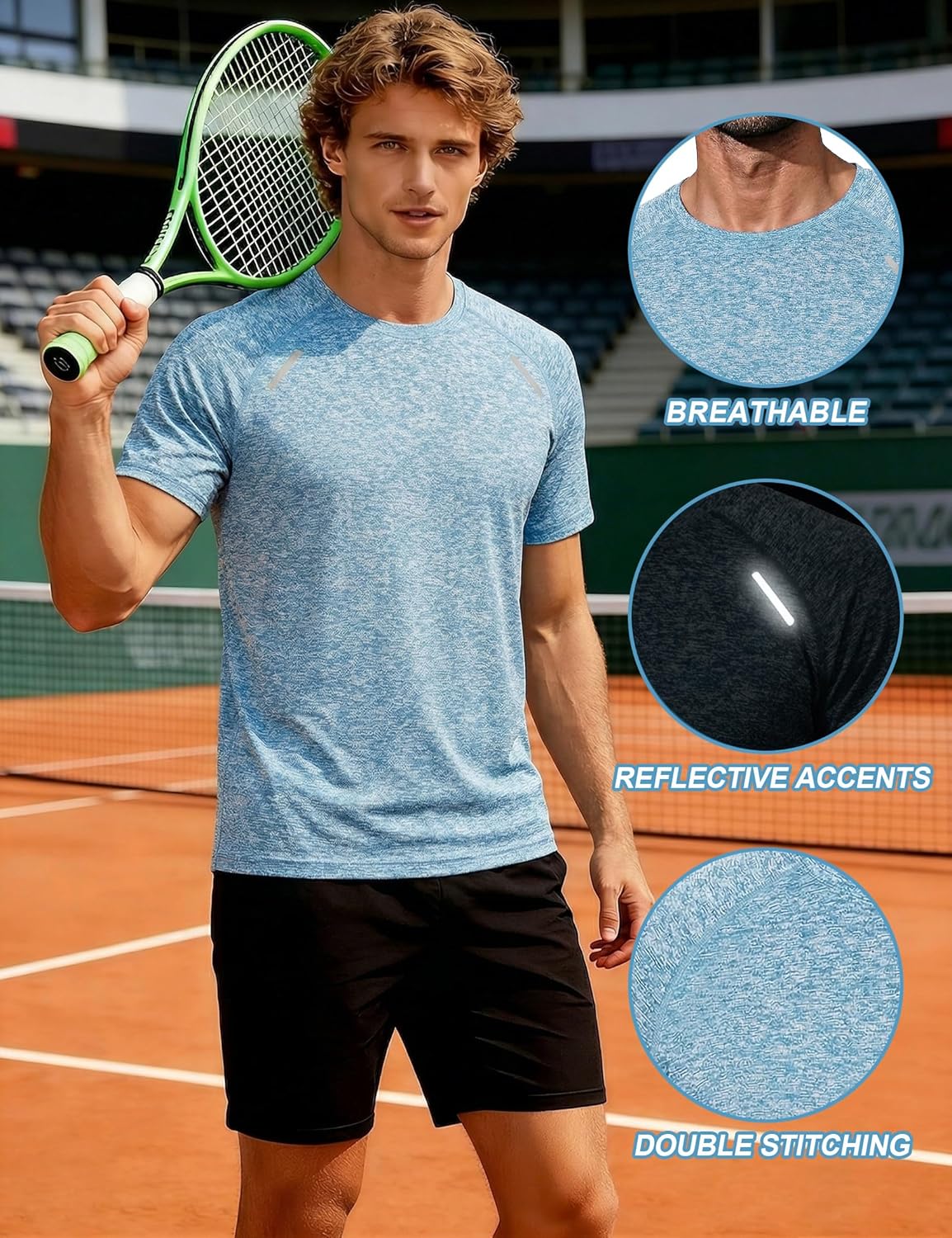 Thumbnail 4 de Quoboquo T-shirt de sport pour homme à col rond – respirante, séchage rapide et bandes réfléchissantes