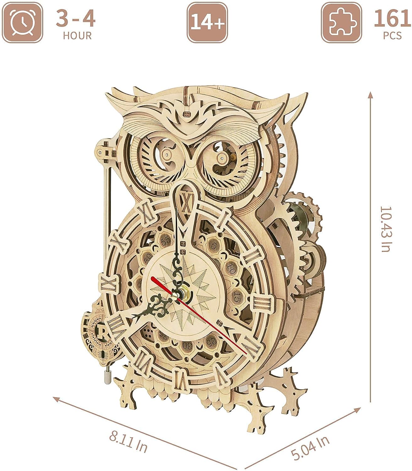 Detalle de Robotime Gufo Sveglia 3D Puzzle in legno LK503: kit autoassemblaggio con timer a campana