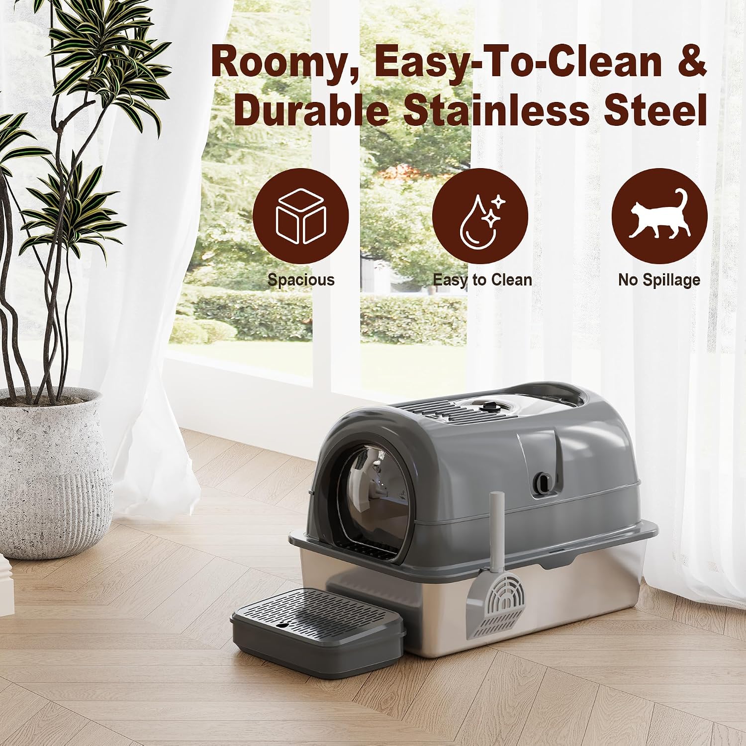 Detalle de CuddPaw Stainless Steel Cat Litter Box, Nonstick Basin
