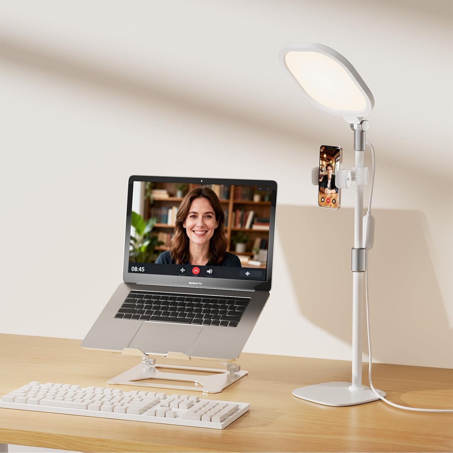 Detalle de LitONES Desk Ring Light with Stand and Phone Holder – 30 Lighting Modes, 3000K–6500K