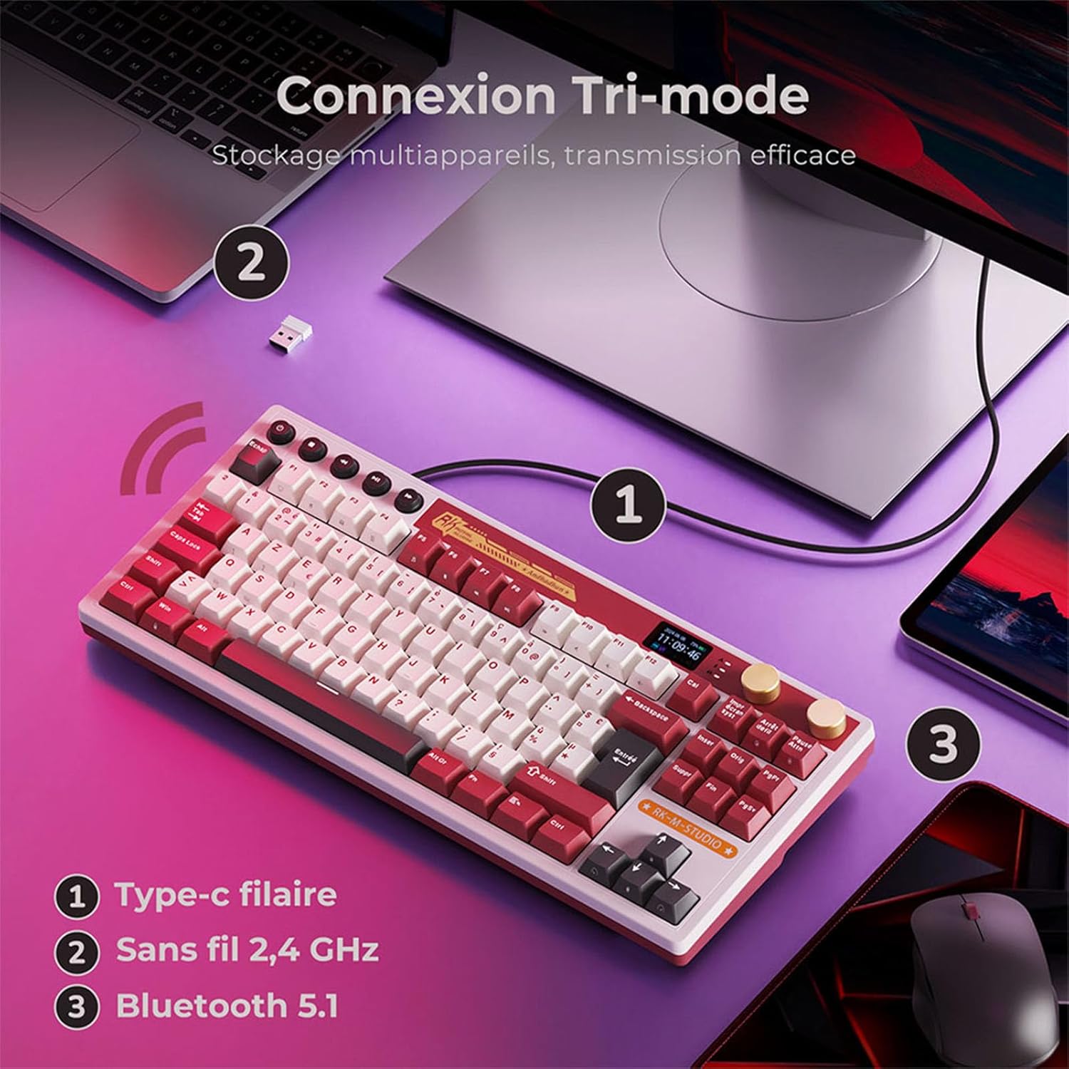 Thumbnail 2 de RK ROYAL KLUDGE M87: Clavier de jeu sans fil 75% avec écran LCD et double bouton