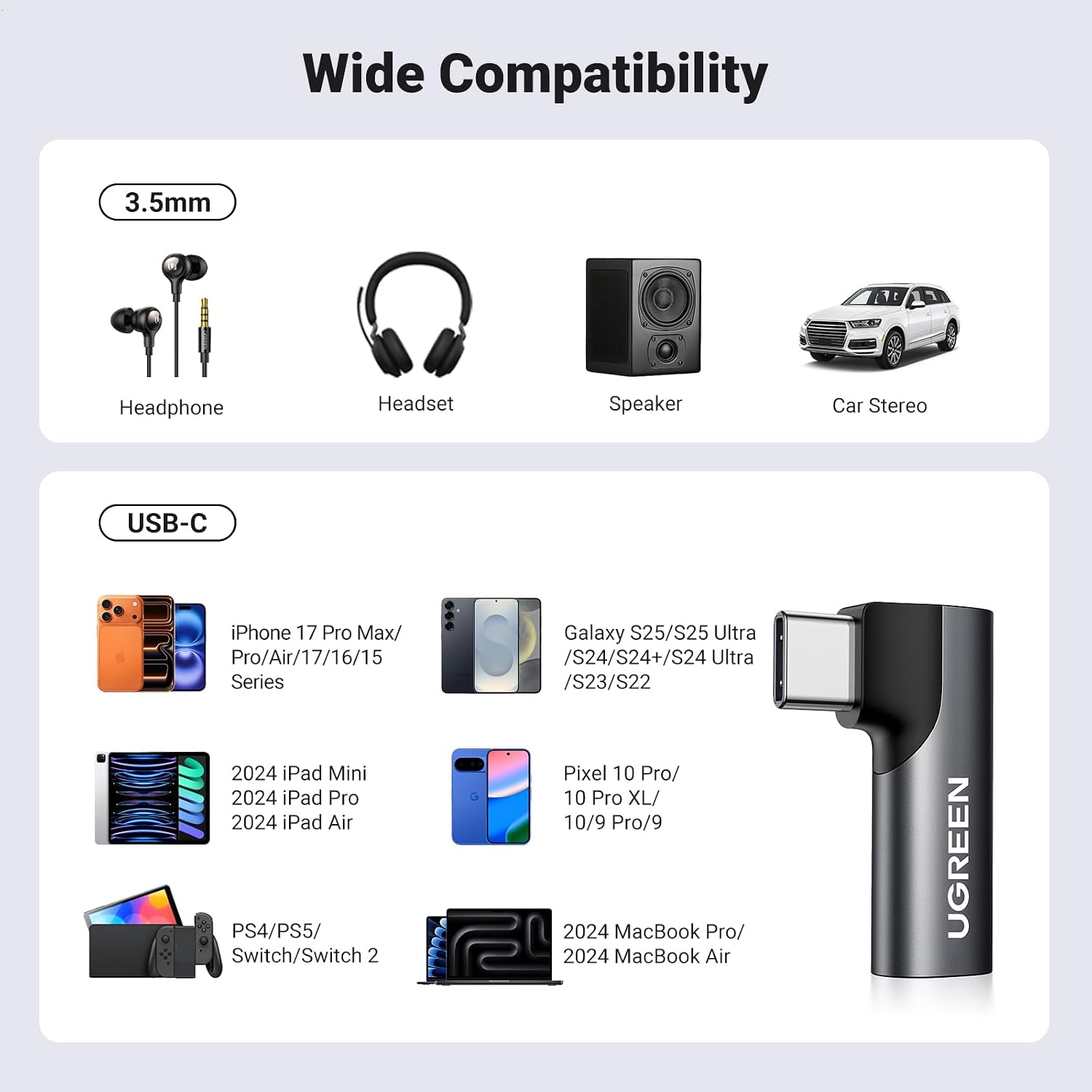 Detalle 2 de UGREEN USB-C to 3.5mm Jack Adapter DAC Stereo (Black) for USB-C devices