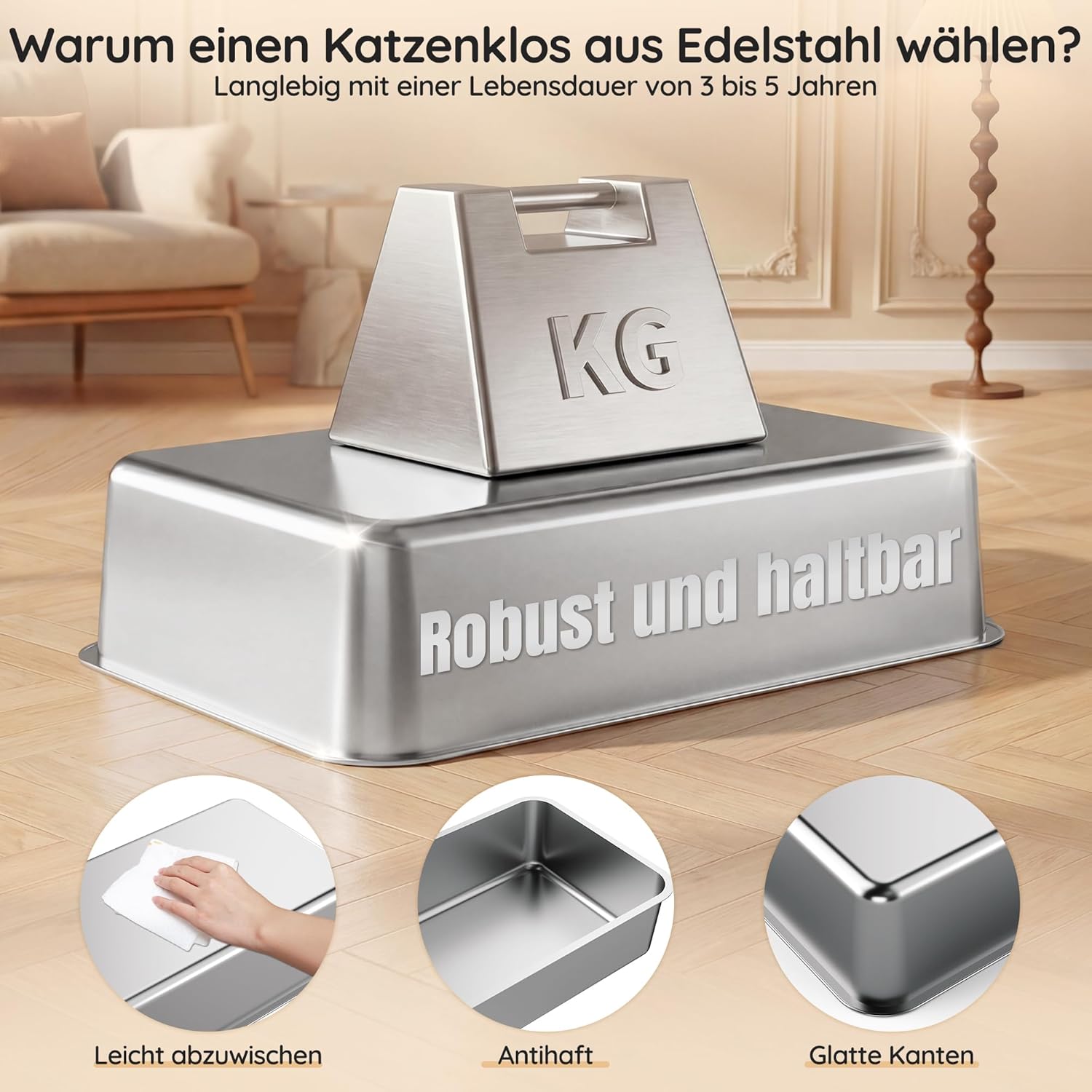 Thumbnail 1 de JUMMICO Katzenklo aus Edelstahl (XXL) mit Schaufel, Matte und erhöhtem Rand – leicht zu reinigen