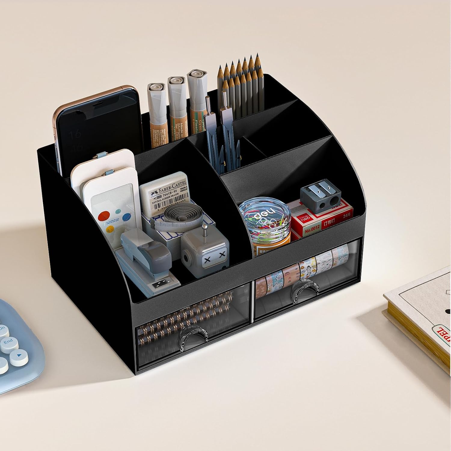 Detalle de COMFYROOM Desktop organizer with 6 Compartments, 2 Drawers, Black Plastic