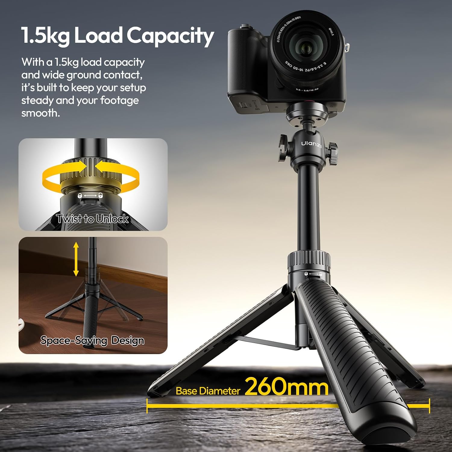 Detalle 2 de ULANZI MT90 Mini trépied 2-en-1 avec perche selfie et fixation rapide CKA pour caméra d’action