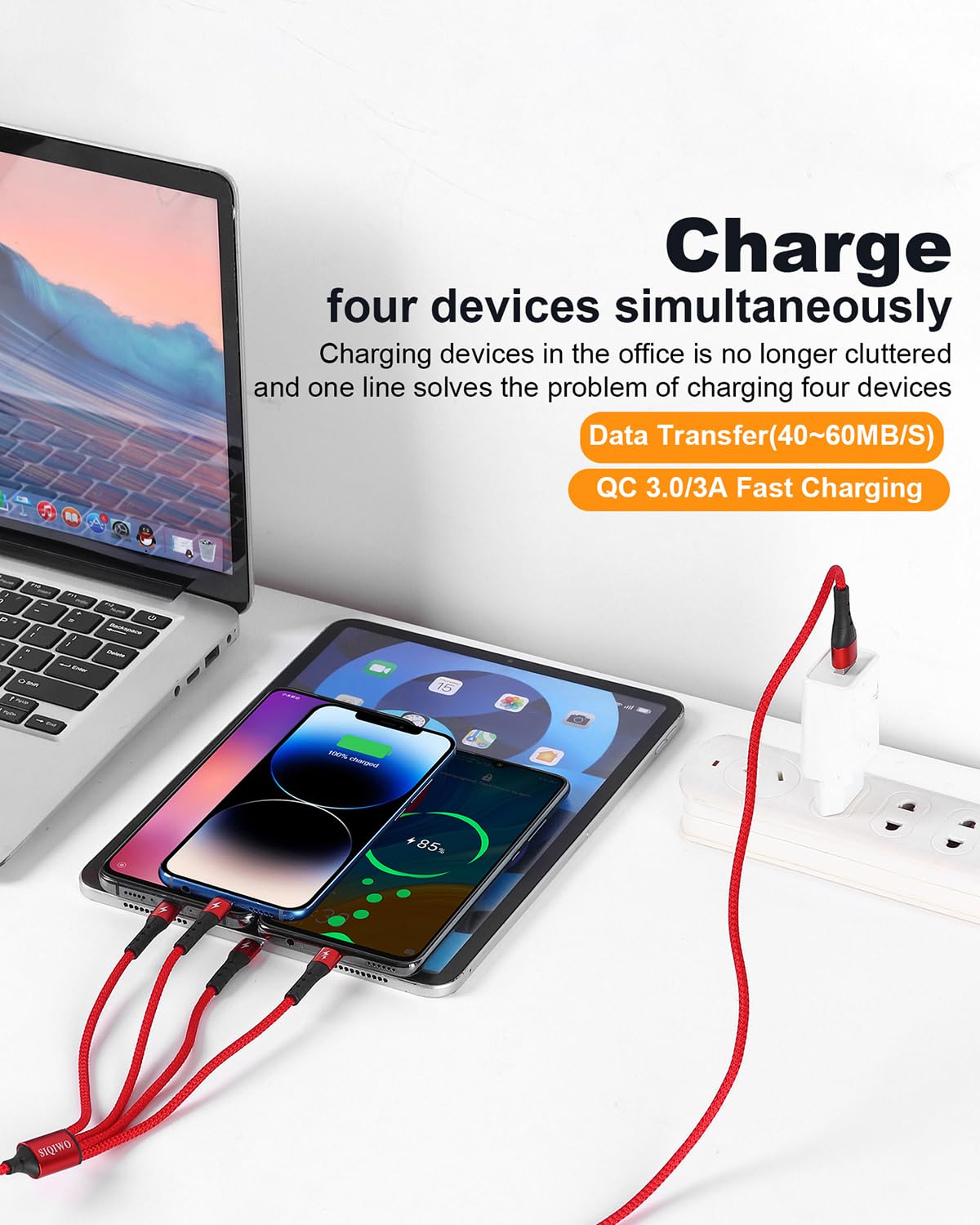 Thumbnail 1 de SIQIWO USB Typ C Kabel 1.2M 4‑Port QC 3.0