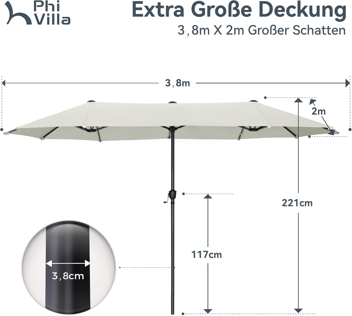 Thumbnail 1 de PHI VILLA Doppio-Sonnenschirm rechteckig groß 380x200 cm mit Kurbel, UV- Schutz und windfest