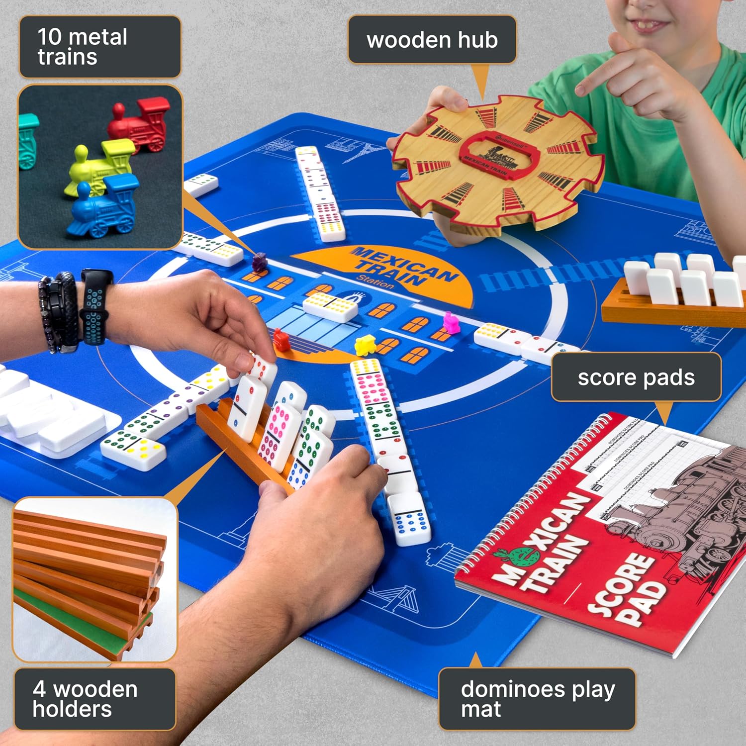 Detalle 2 de Mexican Train Dominoes Set with 4 Holders (Double 12) for Family Game Night