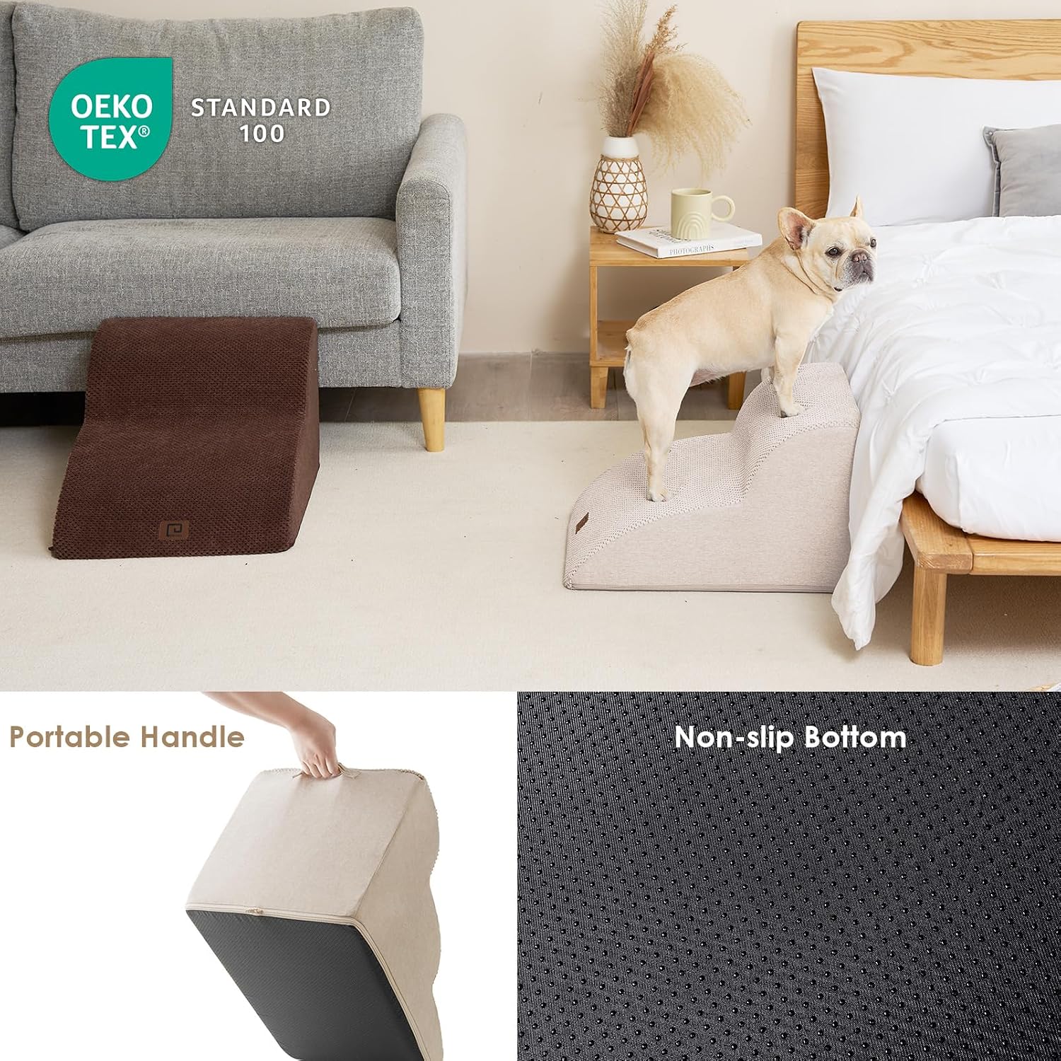 Detalle de EHEYCIGA Hundetreppe für kleine Hunde (2 Stufen, 30 cm hoch) mit waschbarem Bezug in Beige