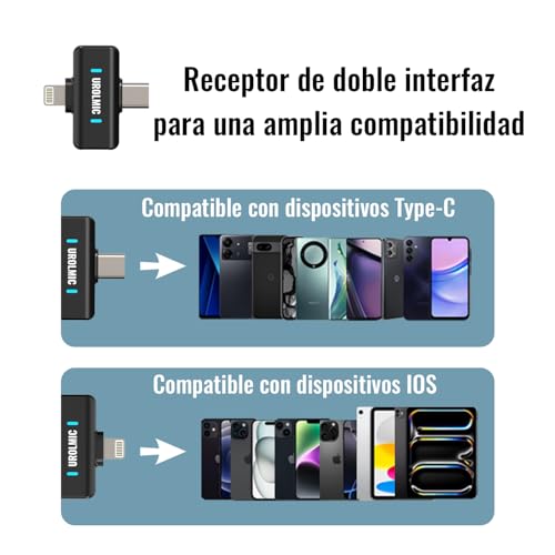 Thumbnail 2 de UROLMIC Micrófono Inalámbrico 2 en 1 para iPhone y Android | 40 h de batería, 55 m de alcance y cancelación de ruido