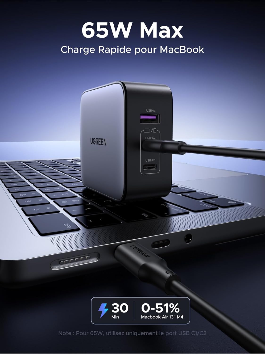 Detalle de UGREEN Nexode 65W GaN USB-C Chargeur de Voyage 3 Ports avec prises EU/UK/US amovibles