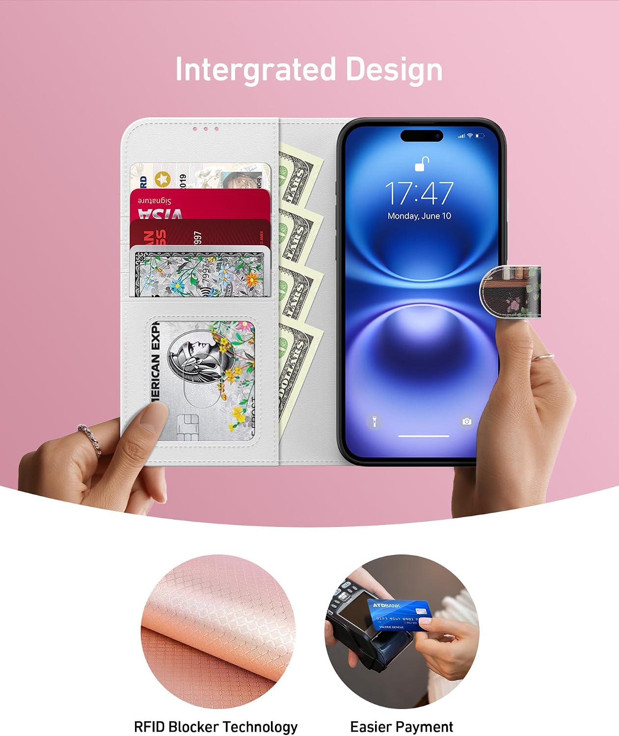 Detalle 2 de DEENAKIN iPhone 16 Wallet Case with Card Slots, Cash Clip and Kickstand