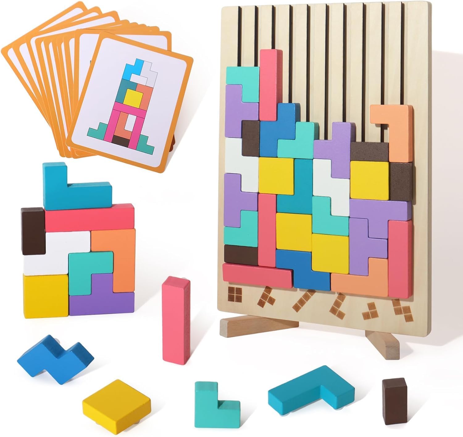 Detalle de WISBOOK Wooden Colored 3D Russian Block Puzzle: Montessori Stacking & Brain Teasers for Ages 3–6