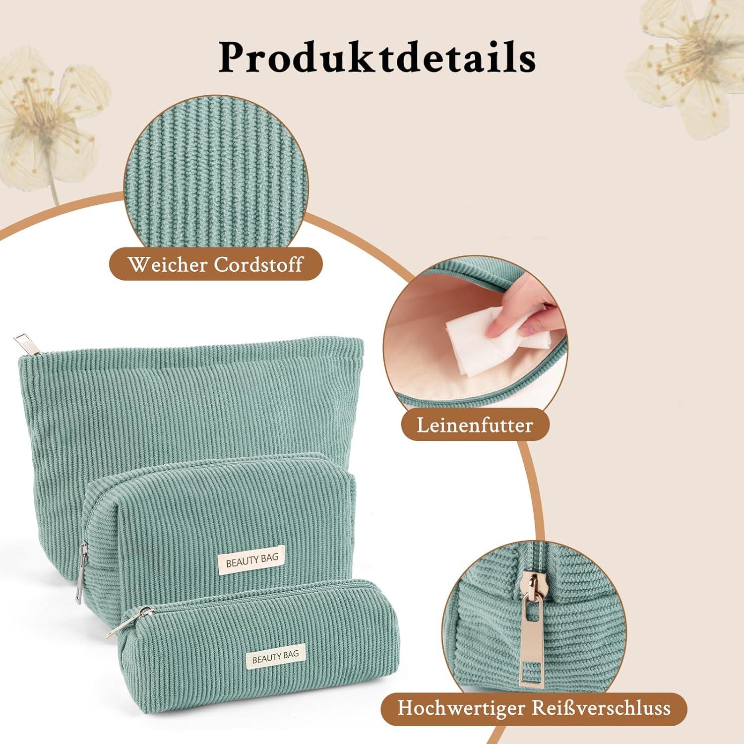 Detalle de Kosmetiktasche Damen 3 Stück – Kulturtasche mit Reißverschluss, grün, 3 Größen (Klein, Mittel, Groß) für Reisen und Alltag