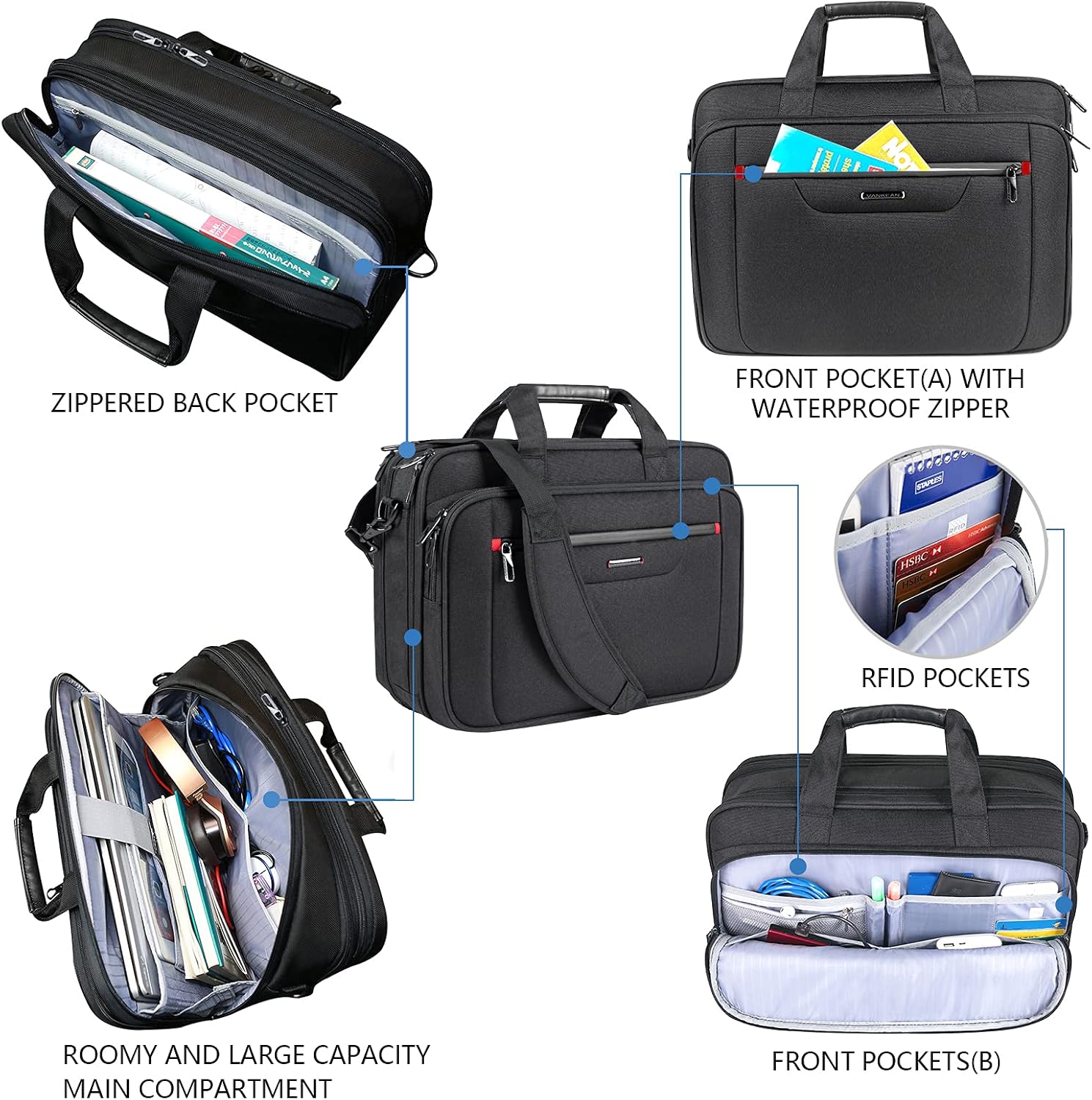 Detalle de VANKEAN premium laptop briefcase with water-repellent canvas and RFID pockets (fits up to 17.3-inch)