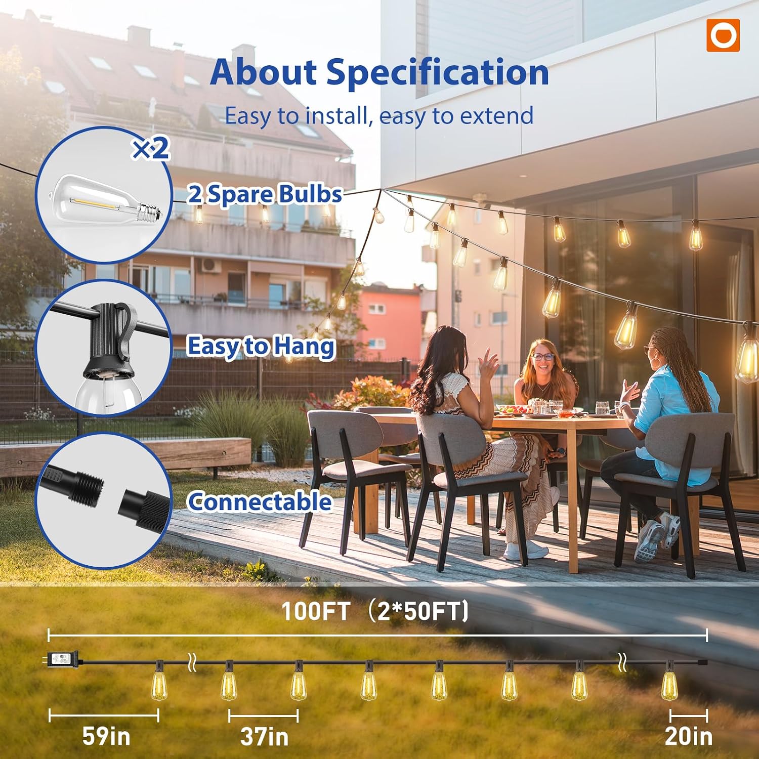 Detalle de addlon 100FT Outdoor String Lights ST38 LED with Remote – Weatherproof, Dimmable, and Ready for Outdoor Gatherings
