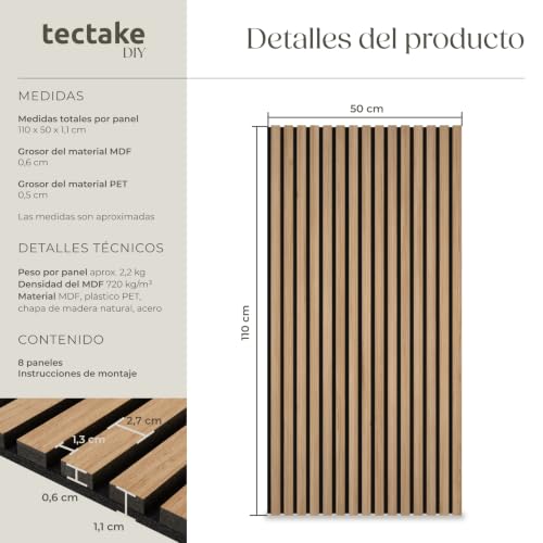 Detalle 2 de tectake Paneles Acústicos 110 x 50 cm: Madera real, fieltro fonoabsorbente 3D (8 paneles)