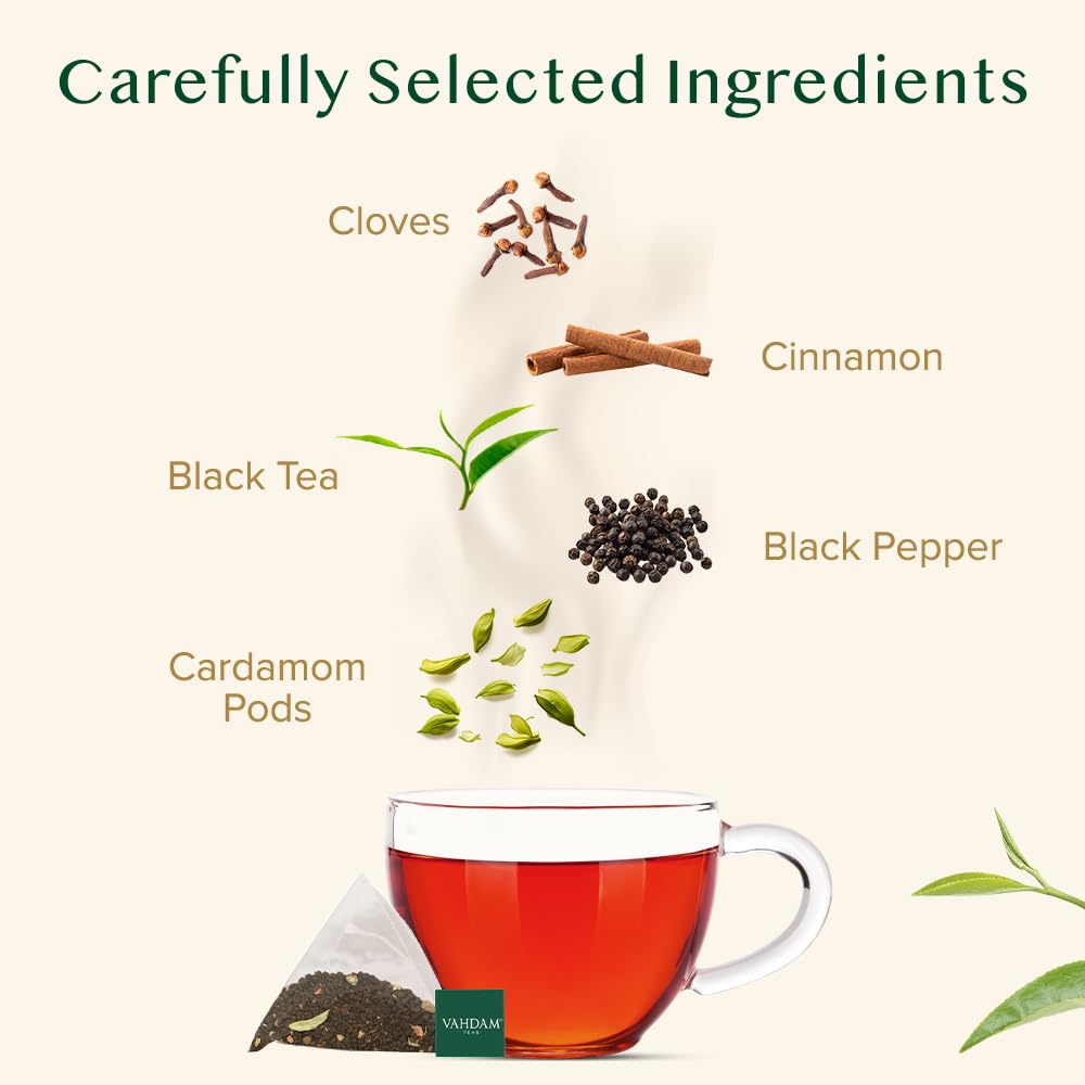 Detalle de VAHDAM Indischer Original Masala Chai Teebeutel – 100 Pyramidenbeutel mit schwarzem Tee & Gewürzen
