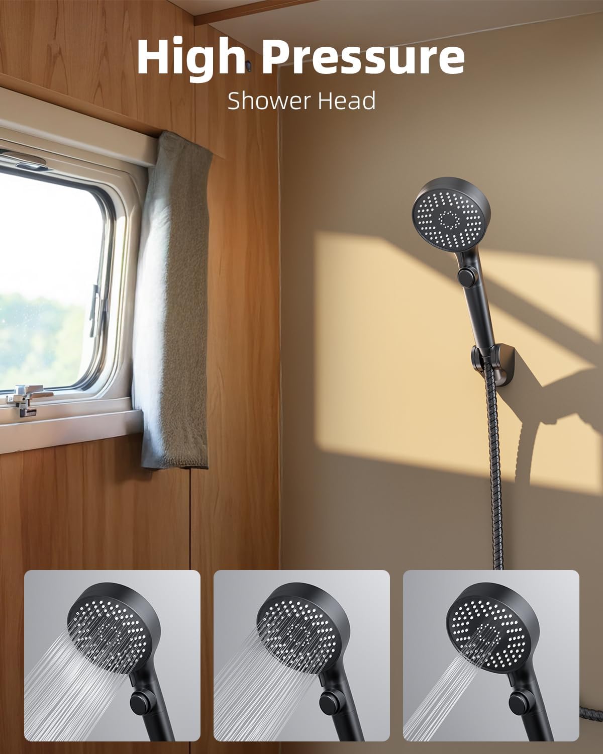 Detalle 2 de FOCSPROD HS004-Black-P RV Shower Head, 5 Modes, 60-Inch Stainless Steel Hose