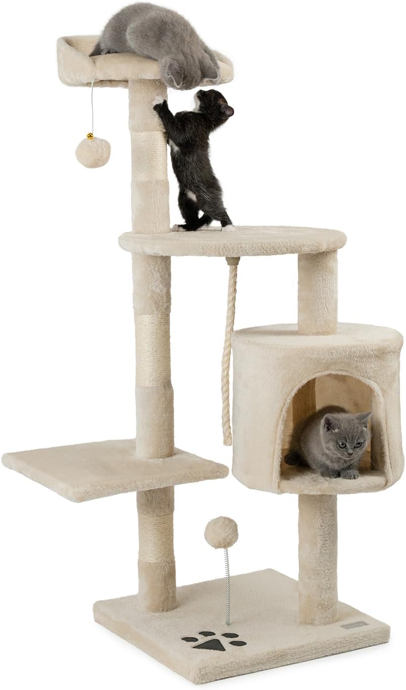 lionto Arbre à Chat 112 cm avec 2 balles en peluche et corde de jeu – beige