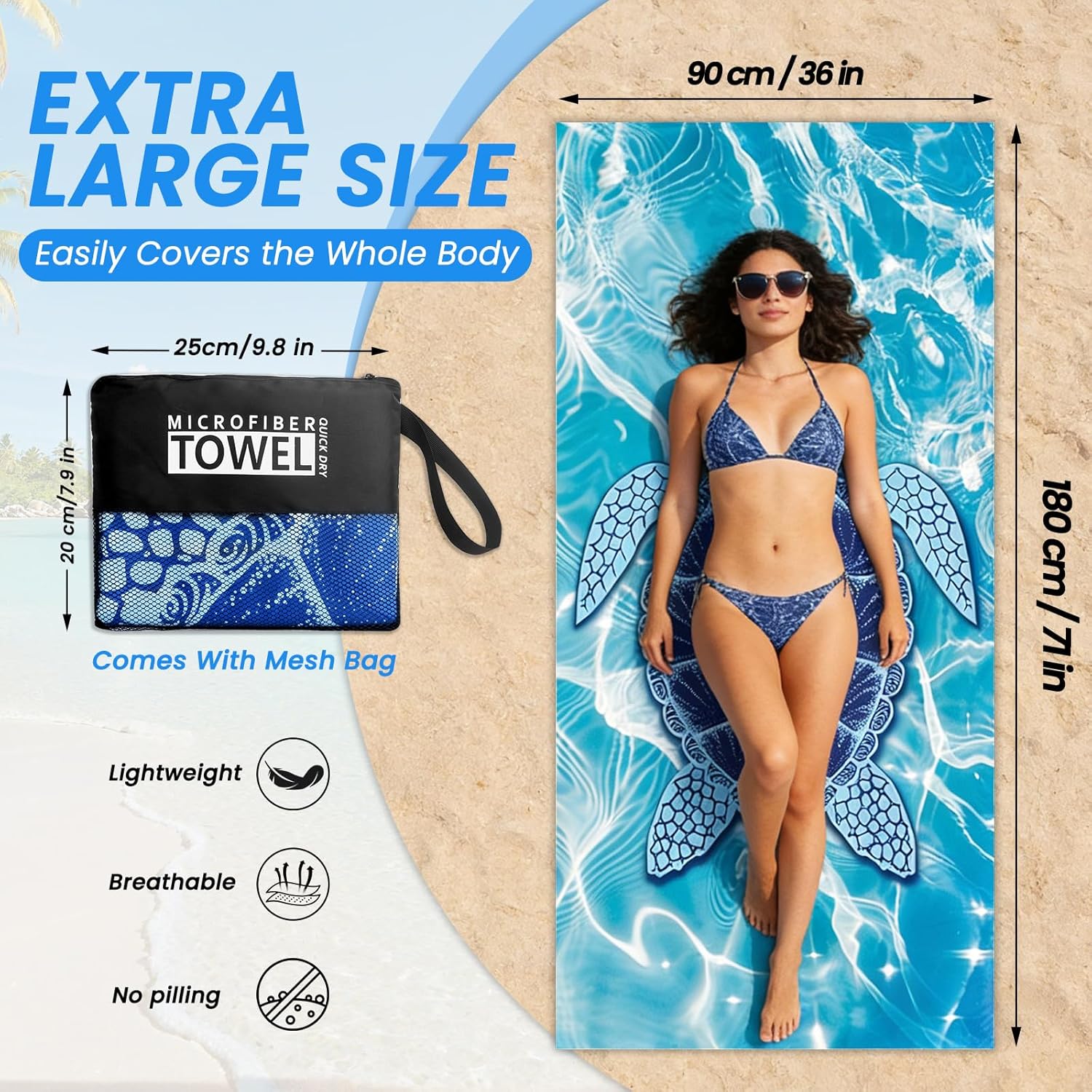 Thumbnail 1 de Microfibre Beach Towels for Adults – 2 Pack, Extra Large 180x90cm