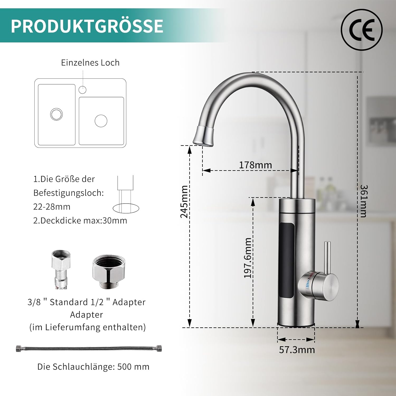 Thumbnail 1 de HOMELODY Elektrischer Wasserhahn mit Durchlauferhitzer (230 V) und LED-Temperaturanzeige – Edelstahl, 360° drehbar