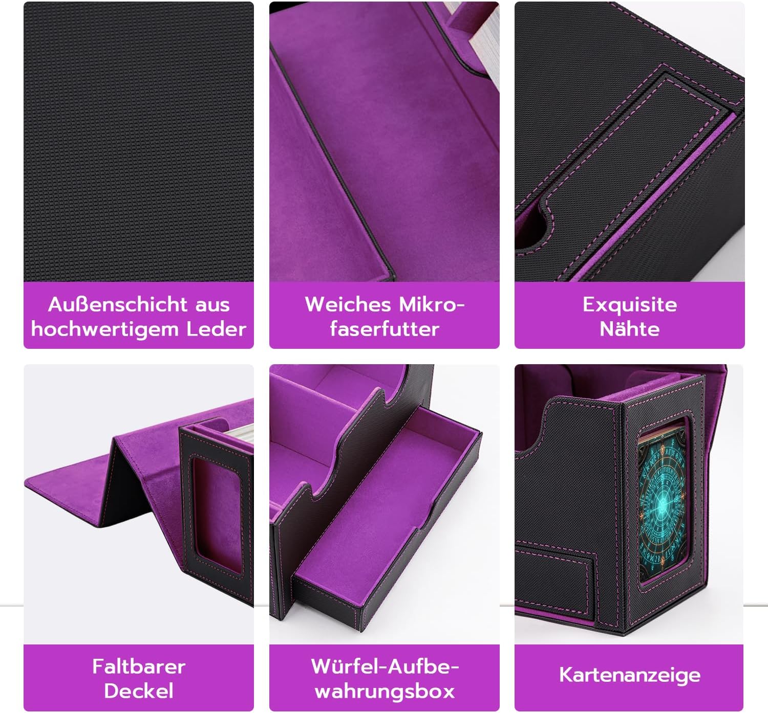 Thumbnail 6 de Tolesum Doppelschicht Card Deck Box für MTG & Commander – Sammelkartenbox mit Sichtfenster und Würfelfach aus PU-Leder (schwarz/lila)
