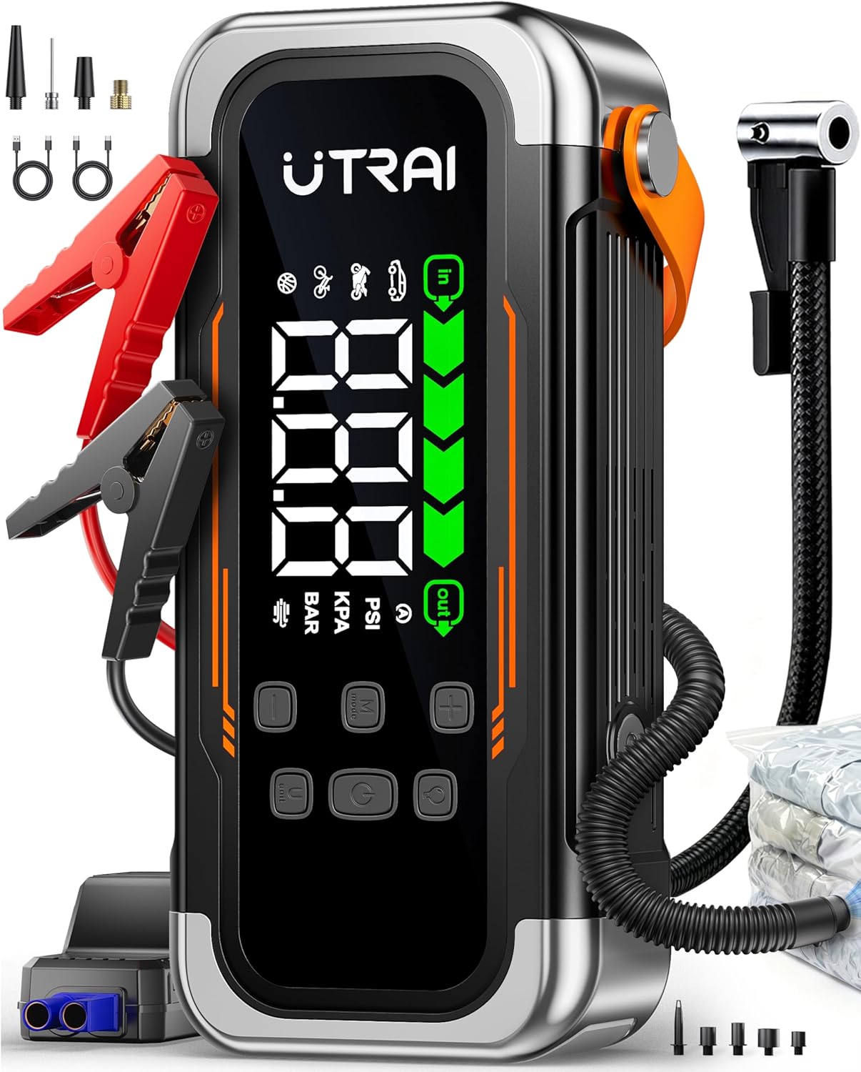 Detalle de UTRAI 7000A Booster Avviatore Auto con Compressore & Soffiatore d'aria, 12V, Power Bank PD30W e Torcia LED